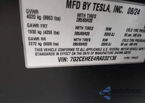 2024 Tesla Cybertruck Cyberbeast z USA, uszkodzony, nr VIN 7G2CEHEE4RA032136